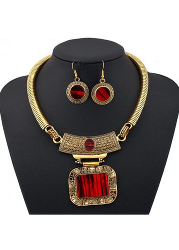 Gold Retro Geometric Design Necklace and Earrings - unsigned - Modalova