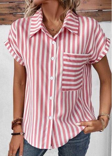 Pink Pocket Striped Short Sleeve Shirt Collar Blouse - unsigned - Modalova