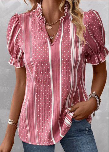 Pink Frill Striped Short Sleeve Split Neck Blouse - unsigned - Modalova