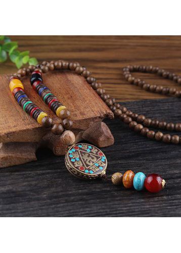 Multi Color Round Tribal Design Wooden Necklace - unsigned - Modalova