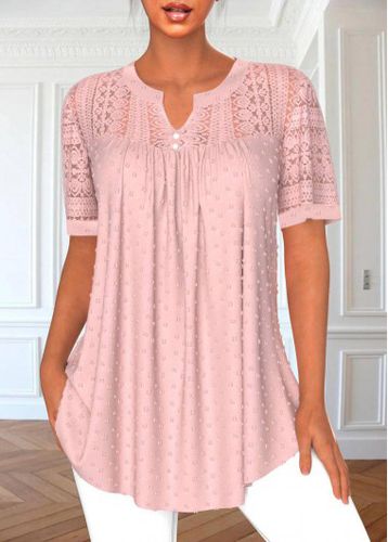 Pink Lace Short Sleeve Split Neck Blouse - unsigned - Modalova
