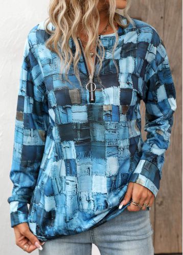 Denim Blue Zipper Geometric Print Long Sleeve Sweatshirt - unsigned - Modalova