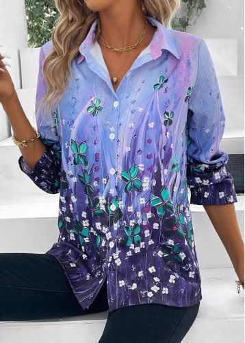 Purple Button Floral Print Long Sleeve Blouse - unsigned - Modalova