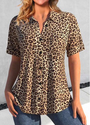Dark Camel Button Leopard Short Sleeve Blouse - unsigned - Modalova