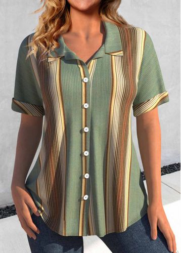 Green Button Striped Short Sleeve Shirt Collar Blouse - unsigned - Modalova