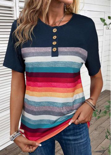 Navy Button Striped Short Sleeve T Shirt - unsigned - Modalova