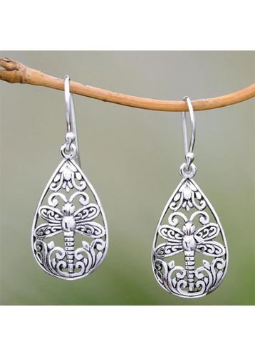 Silver Oval Dragonfly Hollow Design Earrings - unsigned - Modalova