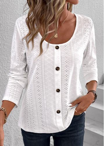White Button Long Sleeve Scoop Neck Hollow T Shirt - unsigned - Modalova