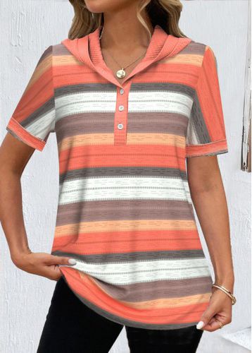 Orange Button Striped Short Sleeve Hooded T Shirt - unsigned - Modalova