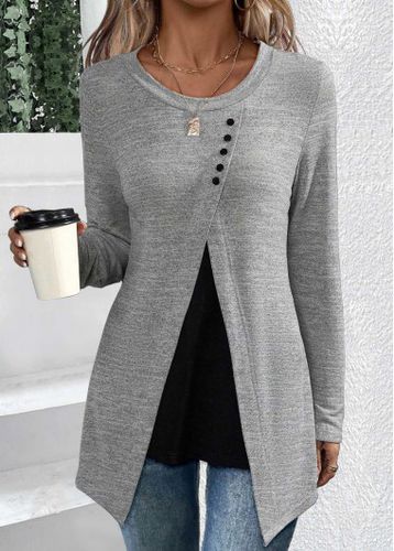 Grey Asymmetry Long Sleeve Round Neck T Shirt - unsigned - Modalova