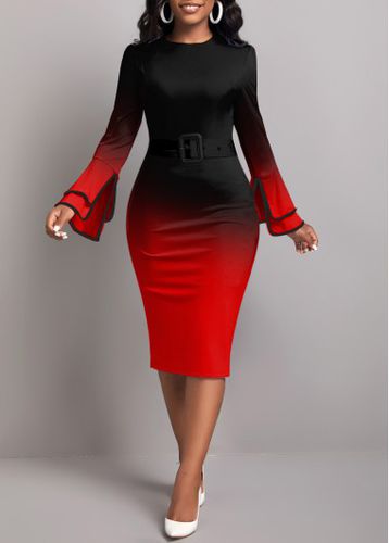 Red Contrast Binding Ombre Long Sleeve Bodycon Dress - unsigned - Modalova