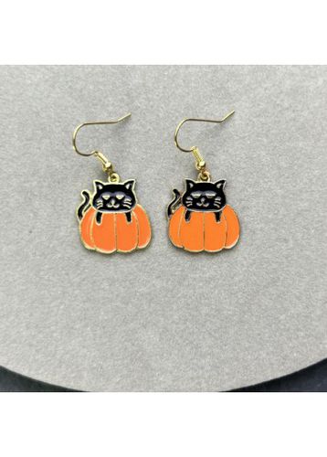 Orange Alloy Halloween Cat Pumpkin Earrings - unsigned - Modalova