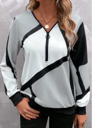 Light Grey Zipper Geometric Print Long Sleeve Sweatshirt - unsigned - Modalova