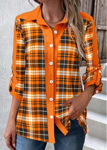 Orange Patchwork Plaid Long Sleeve Shirt Collar Blouse - unsigned - Modalova