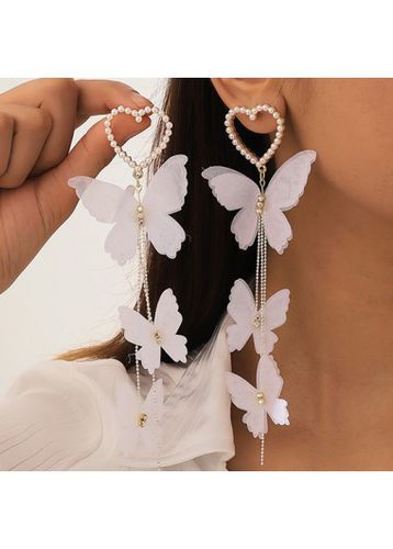 Silvery White Butterfly Pearl Heart Earrings - unsigned - Modalova