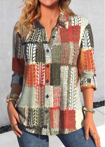 Multi Color Button Geometric Print Long Sleeve Blouse - unsigned - Modalova