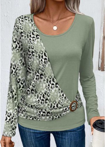 Sage Green Patchwork Leopard Long Sleeve T Shirt - unsigned - Modalova