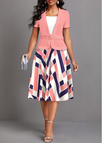 Pink Fake 2in1 Geometric Print Belted Dress - unsigned - Modalova