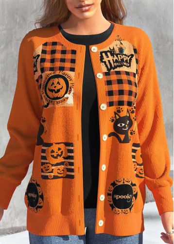 Orange Button Halloween Print Long Sleeve Coat - unsigned - Modalova