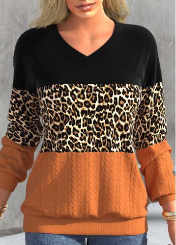 Black Patchwork Leopard Long Sleeve V Neck Sweatshirt - unsigned - Modalova