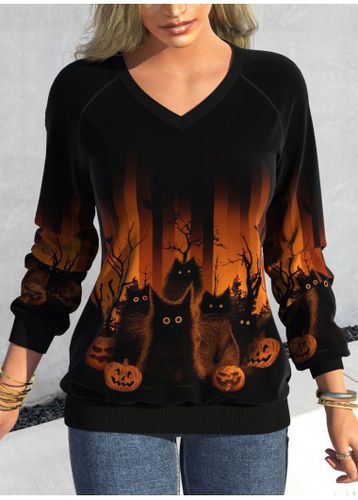 Black Patchwork Halloween Print Long Sleeve V Neck Sweatshirt - unsigned - Modalova