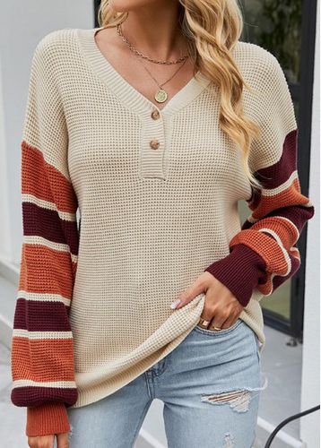 Light Camel Button Striped Long Sleeve V Neck Sweater - unsigned - Modalova