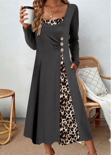 Dark Grey Asymmetry Leopard A Line Long Sleeve Dress - unsigned - Modalova