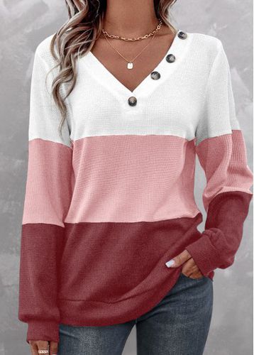 Dusty Pink Patchwork Long Sleeve V Neck Sweatshirt - unsigned - Modalova