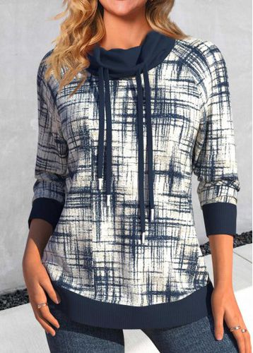 Navy Patchwork Geometric Print Long Sleeve Cowl Neck Sweatshirt - unsigned - Modalova