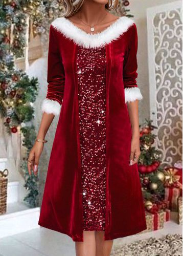 Red Fur Collar A Line Long Sleeve Dress - unsigned - Modalova