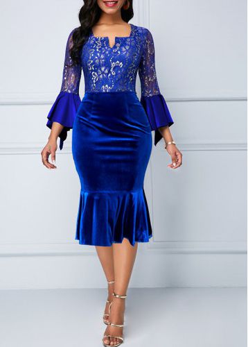 Royal Blue Velvet Three Quarter Length Sleeve Dress - unsigned - Modalova