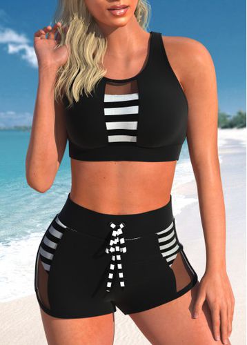 Mesh Cutout Striped Black Bikini Top - unsigned - Modalova