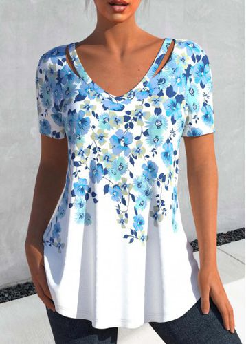 Light Blue Cut Out Floral Print T Shirt - unsigned - Modalova