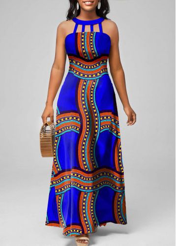 Royal Blue Cage Neck Tribal Print Maxi Dress - unsigned - Modalova