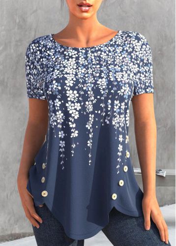 Denim Blue Asymmetry Floral Print T Shirt - unsigned - Modalova