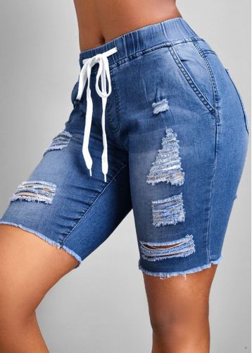 Blue Hole Skinny Elastic Waist Mid Waisted Denim Shorts - unsigned - Modalova