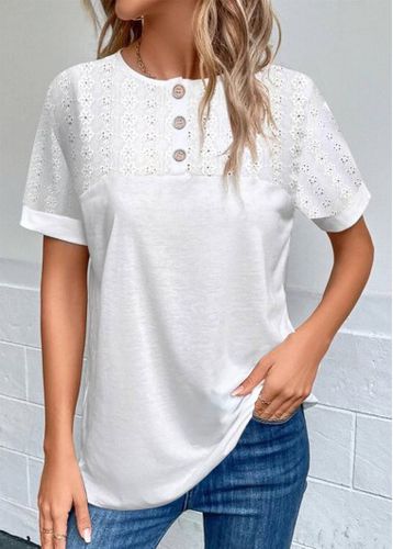White Embroidery Short Sleeve Round Neck Blouse - unsigned - Modalova