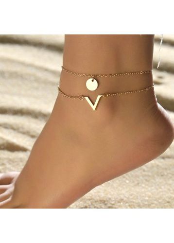 Golden Asymmetrical Metal Detail Letter Anklet Set - unsigned - Modalova