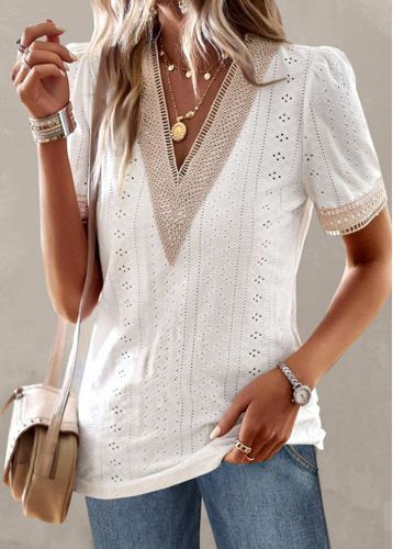 White Patchwork Short Sleeve V Neck T Shirt - unsigned - Modalova