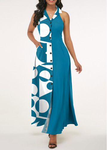 Blue Pocket Geometric Print Sleeveless Lapel Dress - unsigned - Modalova