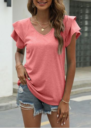 Pink Layered Short Sleeve V Neck T Shirt - unsigned - Modalova