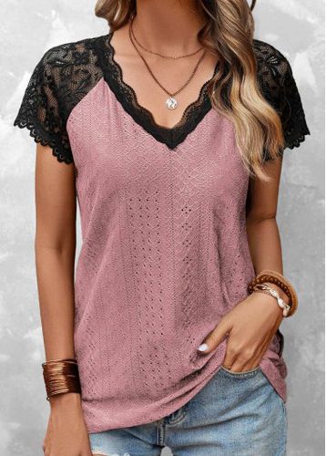 Pink Lace Short Sleeve V Neck T Shirt - unsigned - Modalova