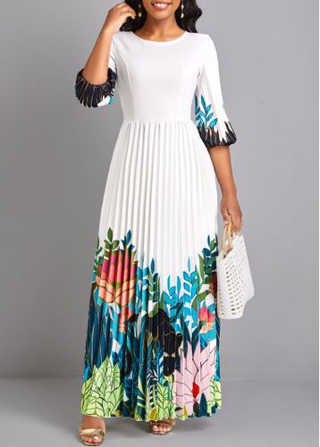 White Pleated Floral Print Maxi Dress - unsigned - Modalova