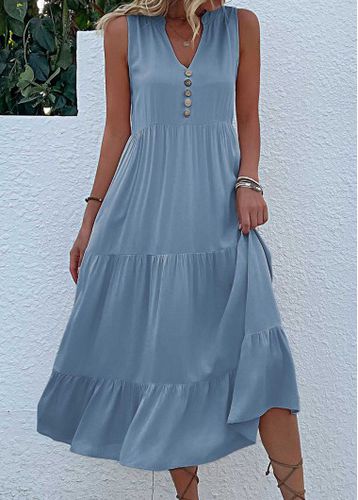 Dusty Blue Button A Line Sleeveless Dress - unsigned - Modalova