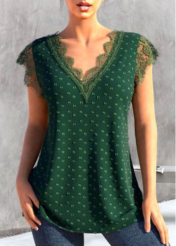 Green Patchwork Short Sleeve V Neck T Shirt - unsigned - Modalova