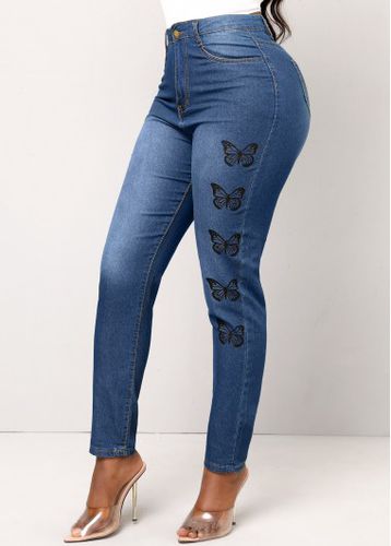 Denim Blue Pocket Butterfly Print Skinny Jeans - unsigned - Modalova