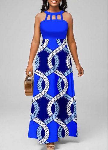 Royal Blue Cage Neck Tribal Print Maxi Dress - unsigned - Modalova