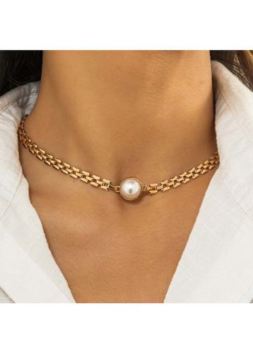 Gold Alloy Detail Retro Pearl Design Necklace - unsigned - Modalova