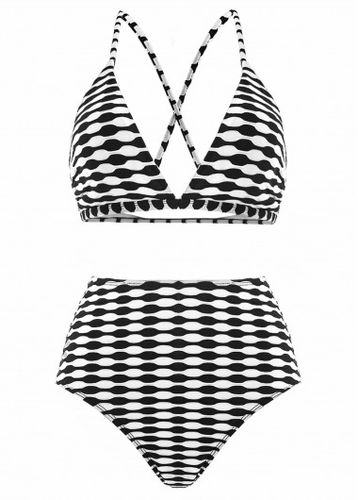 Three-piece High Waisted Geometric Print Black Bikini Set - unsigned - Modalova