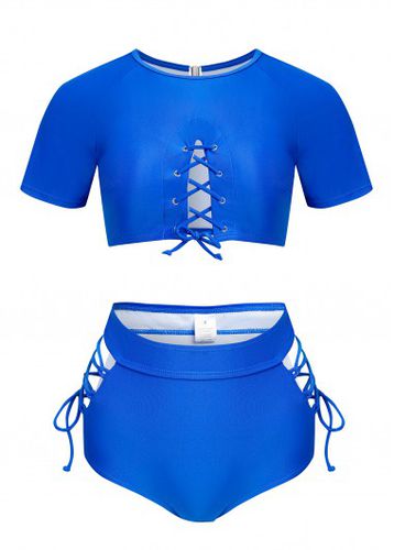 Cut Out Royal Blue Lace Up Bikini Top - unsigned - Modalova